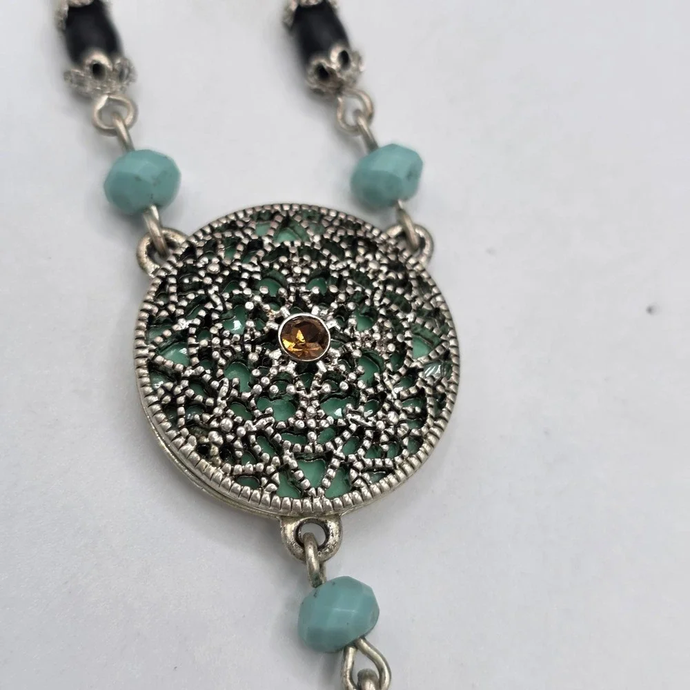 Vintage Napier Bohemian Filigree Mandala Turquoise Beaded Teardrop Necklace 18in